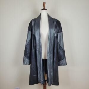 VINTAGE Tibor Leather Coat Large Black Gray Colorblock Swing USA 90s Jacket Open